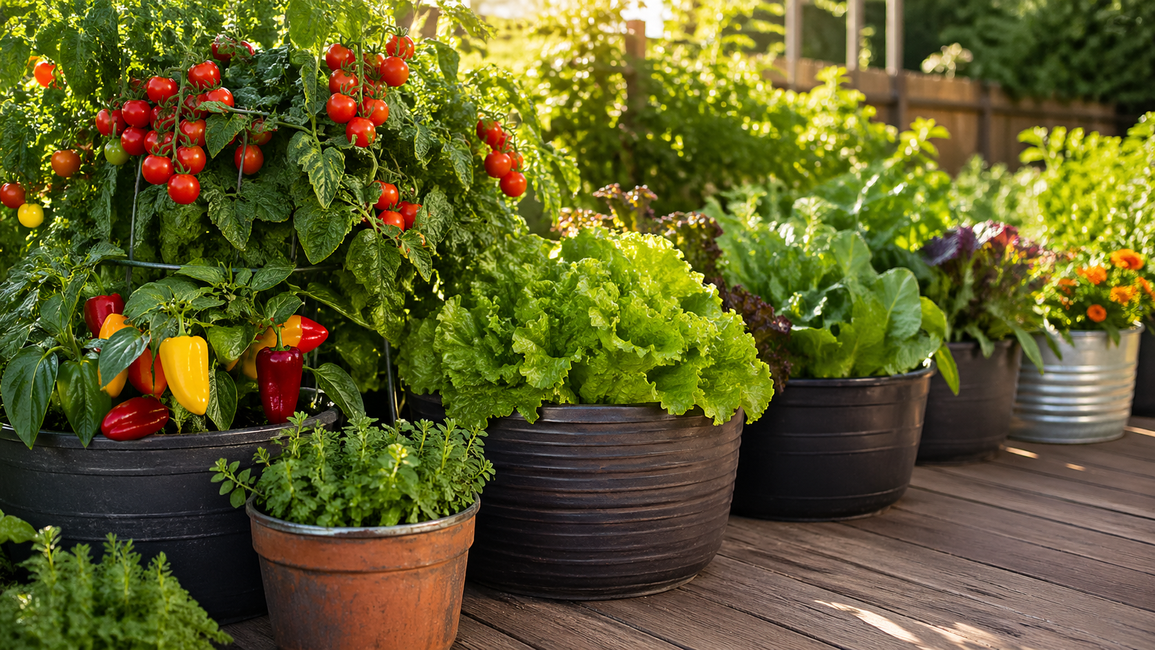 edible container garden with vegetables and herbs in pots