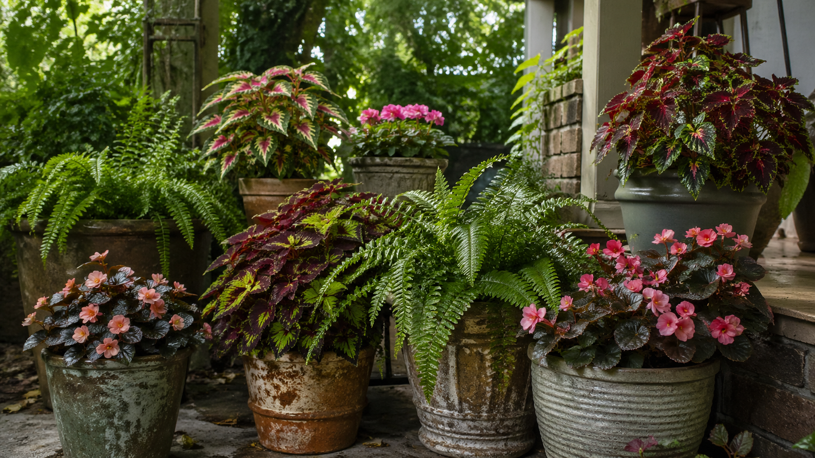 shade container garden with ferns, coleus, and begonias