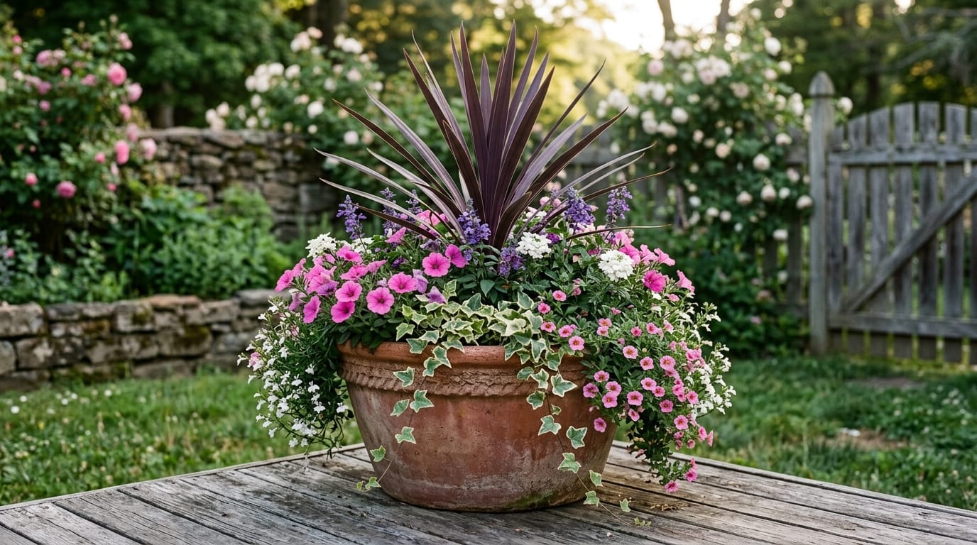 A relaxed grouping of mixed cottage-style flower pots on a rustic patio
