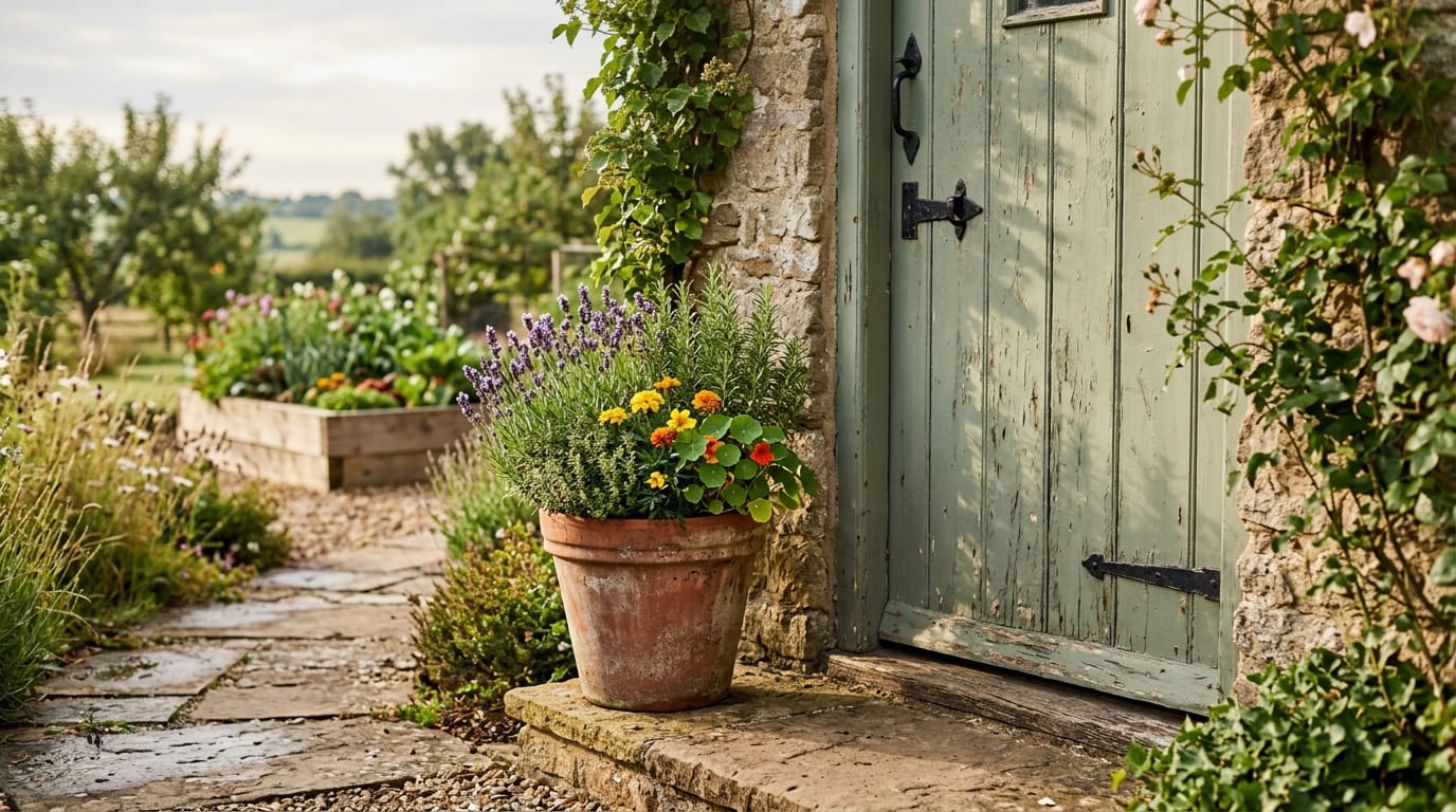 A flower pot placed beside a homestead kitchen door along a garden path