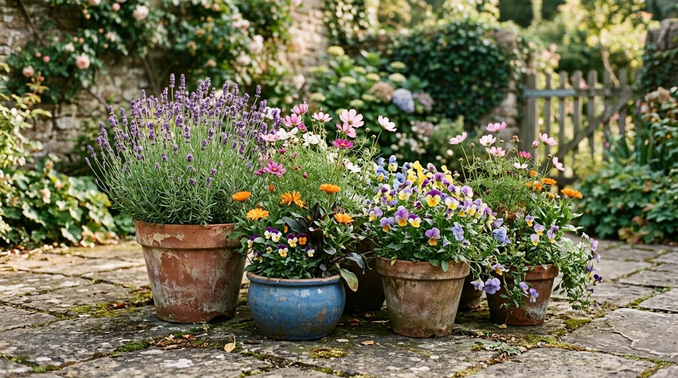 A single mixed container showing a tall center plant, medium flowers, and trailing edges