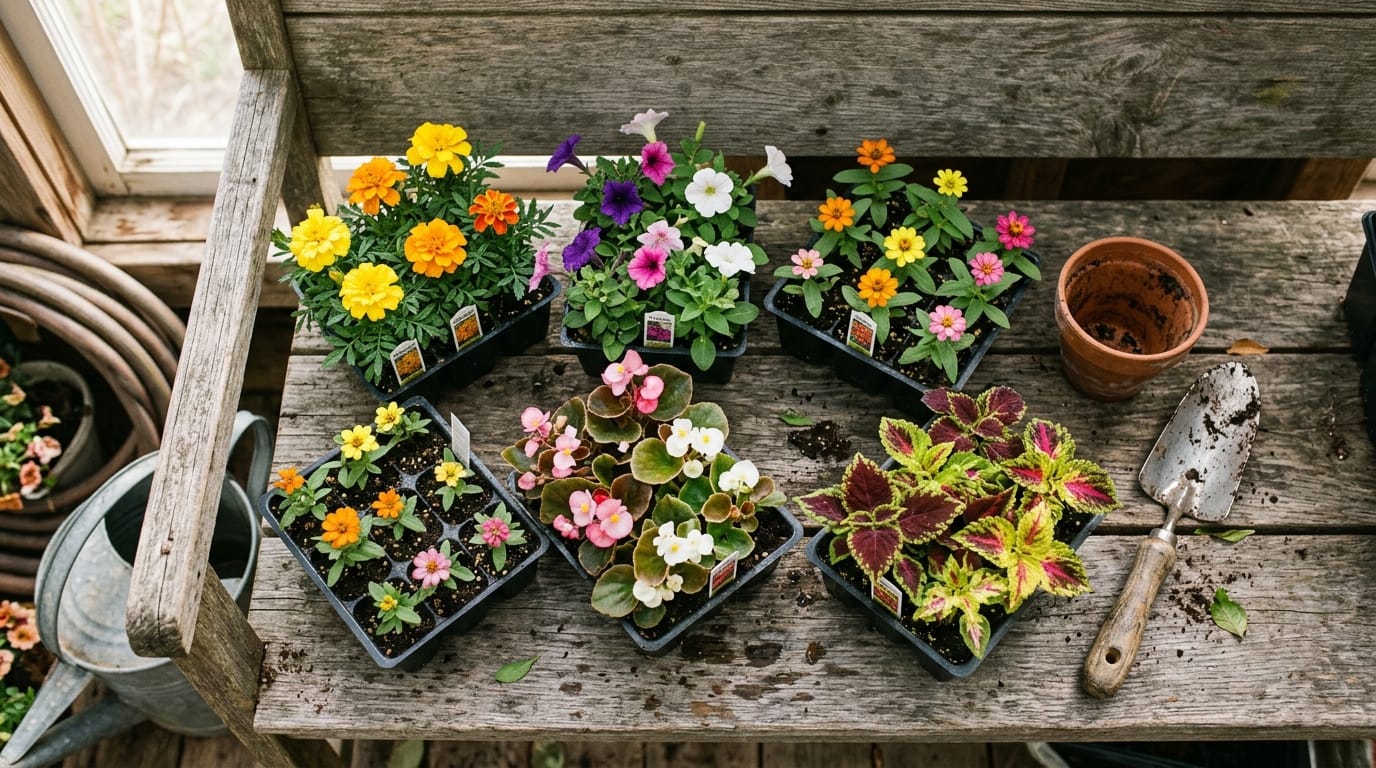 Empty terracotta, glazed ceramic and resin pots grouped on a potting bench
