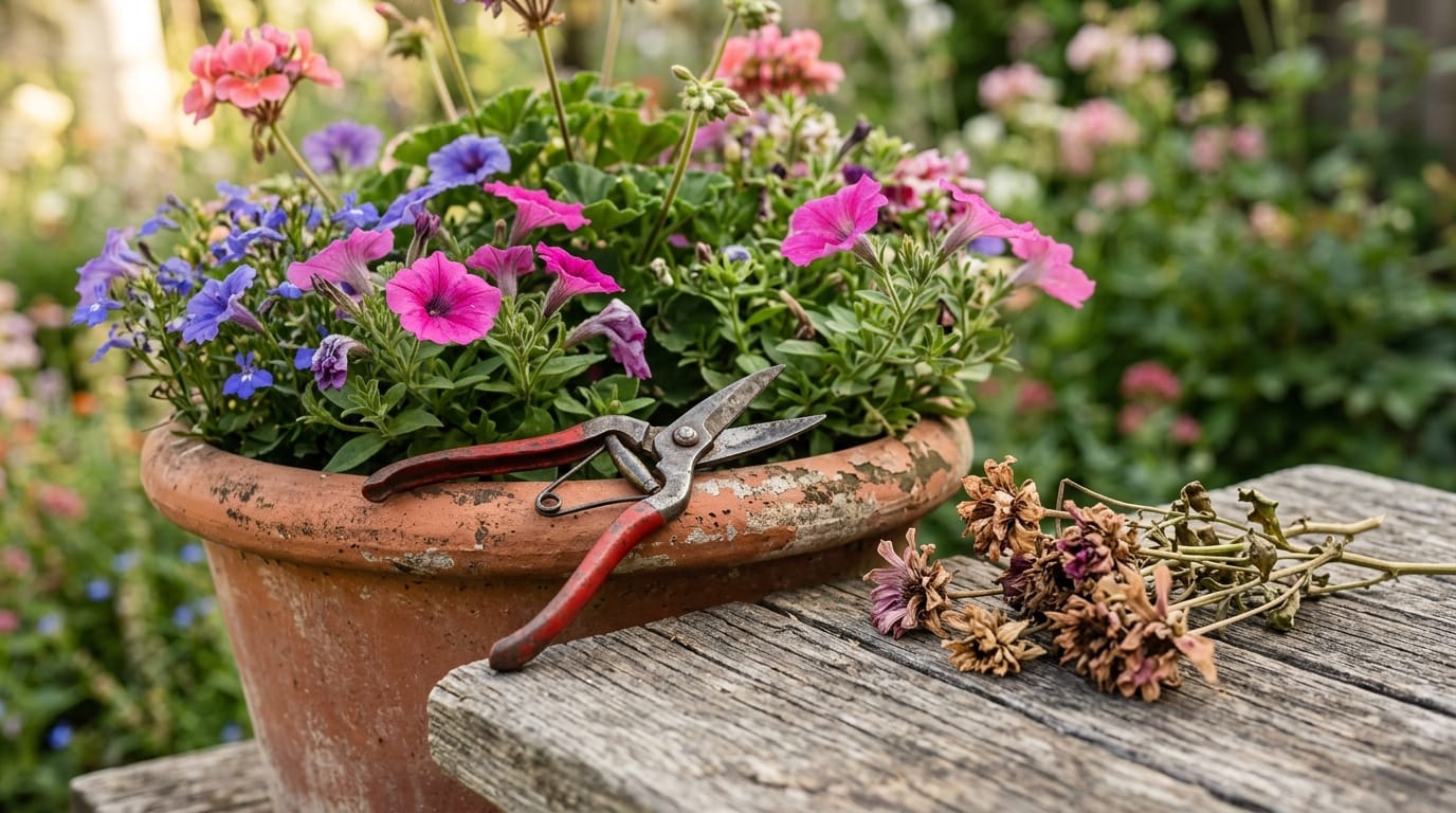 Small garden snips resting on the rim of a blooming flower pot beside spent blooms