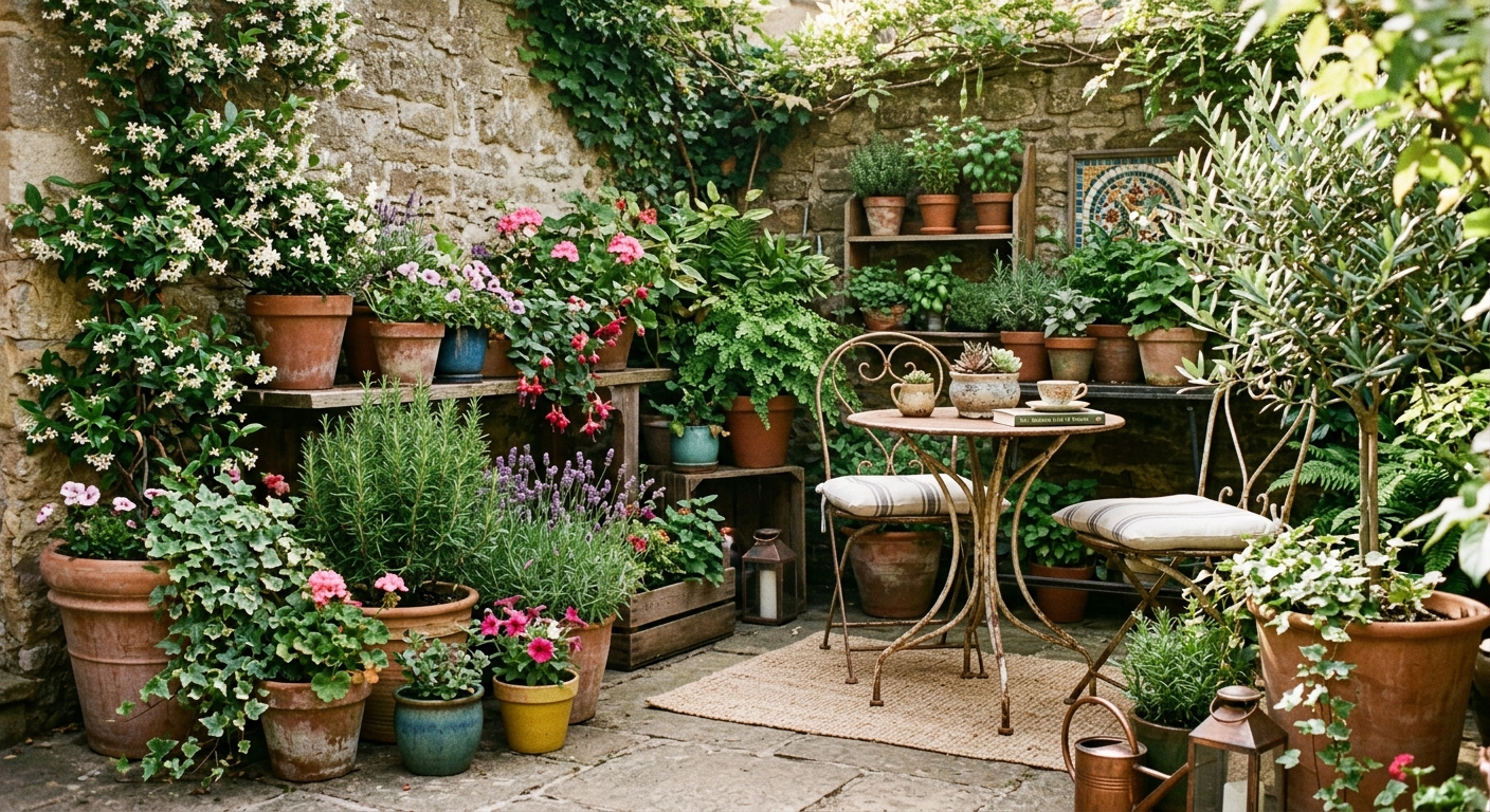 cozy small patio container garden with mixed pots