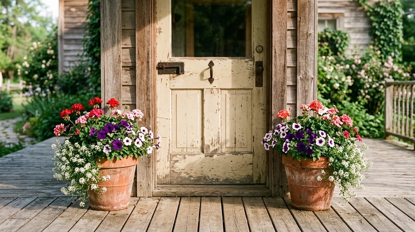A pair of full flower pots flanking a farmhouse front door in soft morning light