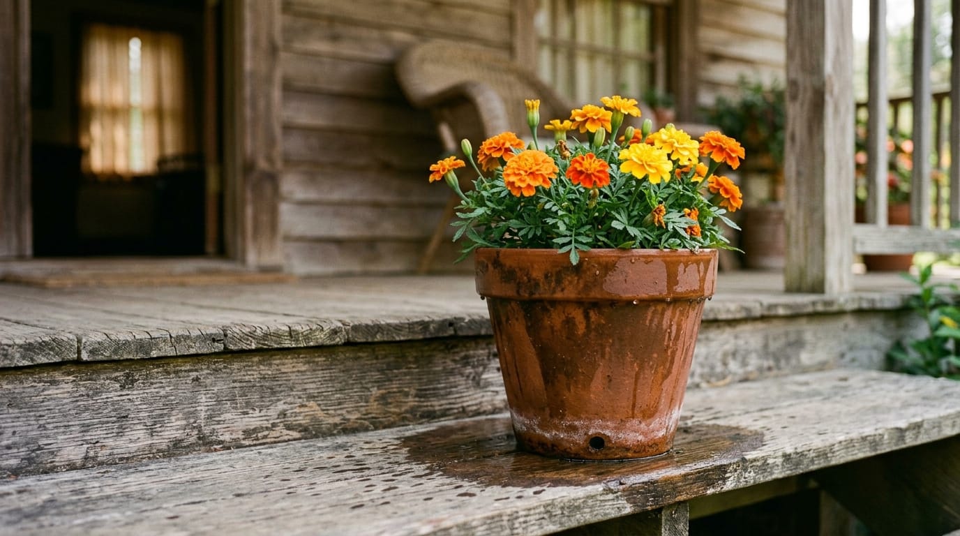 A single terracotta pot of bright marigolds on a weathered wooden porch step