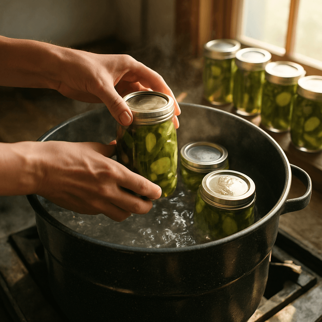 Hands placing jars with pickles into boiling water bath in homestead kitchen, canning pickles for beginners
