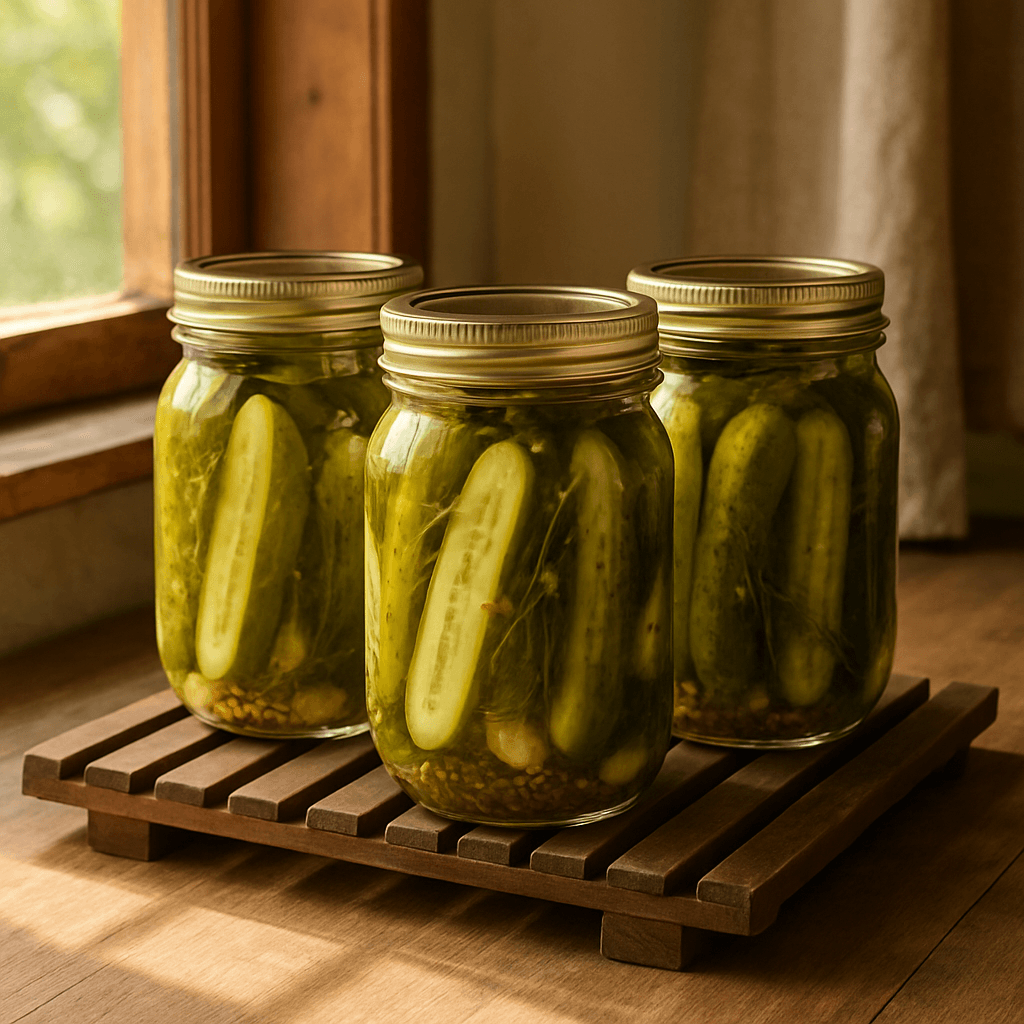 Sealed jars of homemade pickles cooling on wooden rack