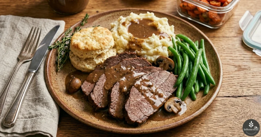A hearty Sunday dinner plate featuring sliced roast beef, a generous mound of mashed potatoes