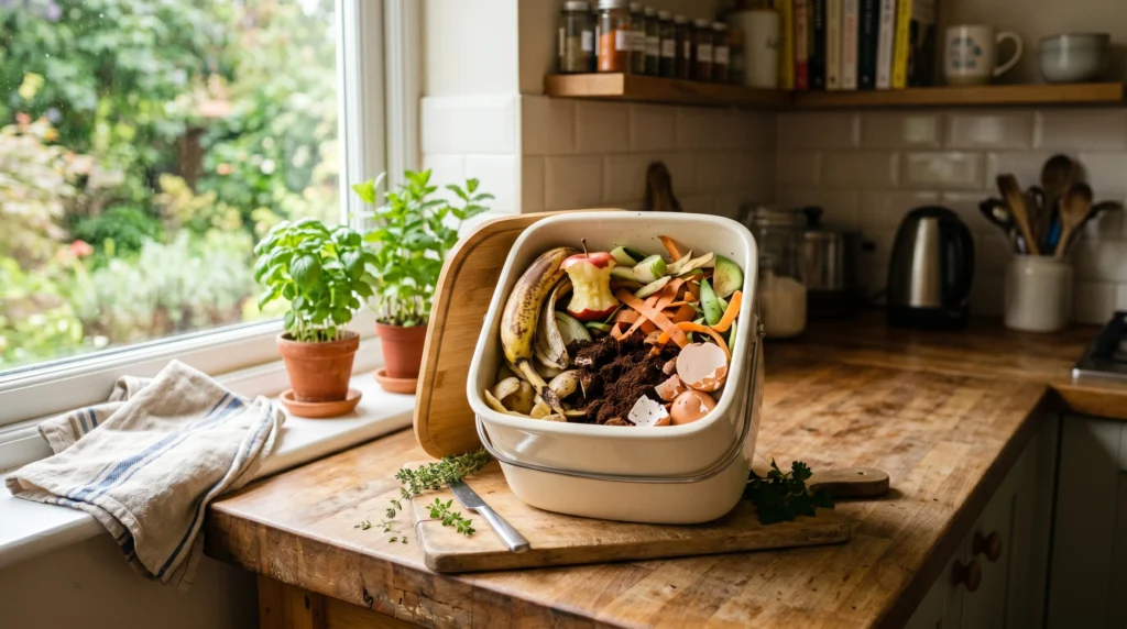 Kitchen scraps for composting including fruit peels, coffee grounds, and eggshells