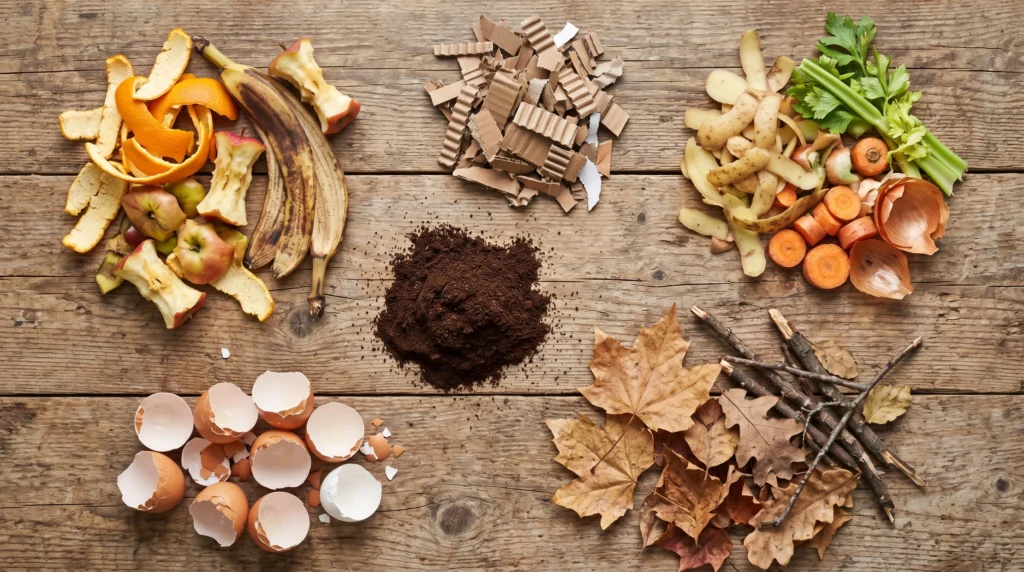 Compostable materials including vegetable scraps, dry leaves, and cardboard