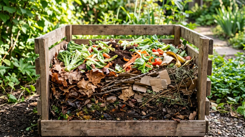 Compost layers showing greens and browns in a backyard bin