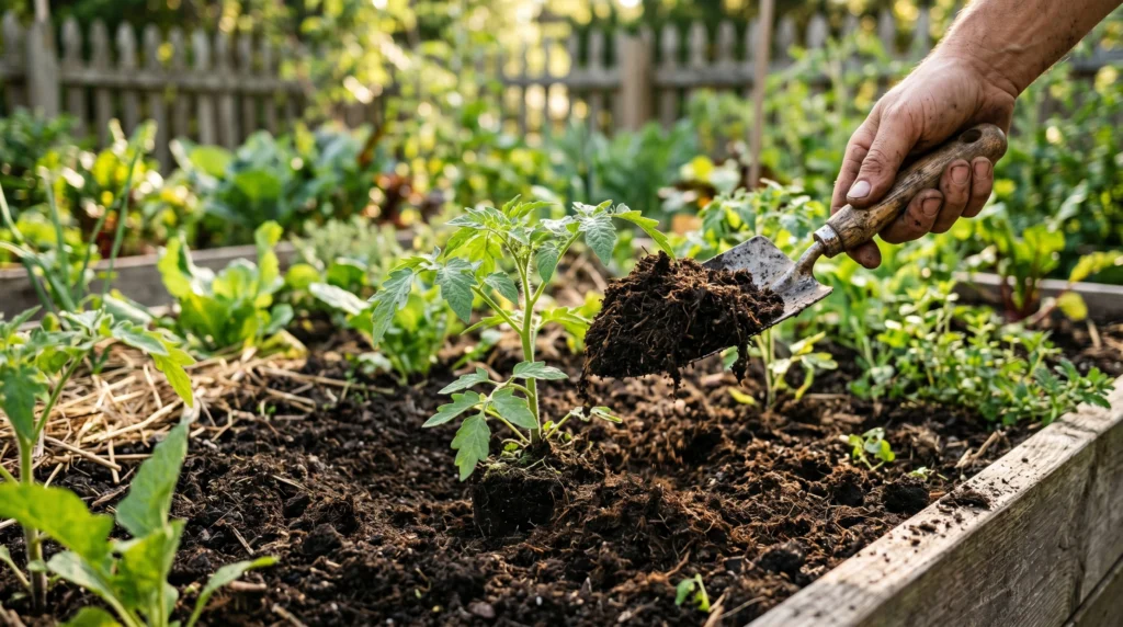 Finished compost added to a garden bed for healthy soil