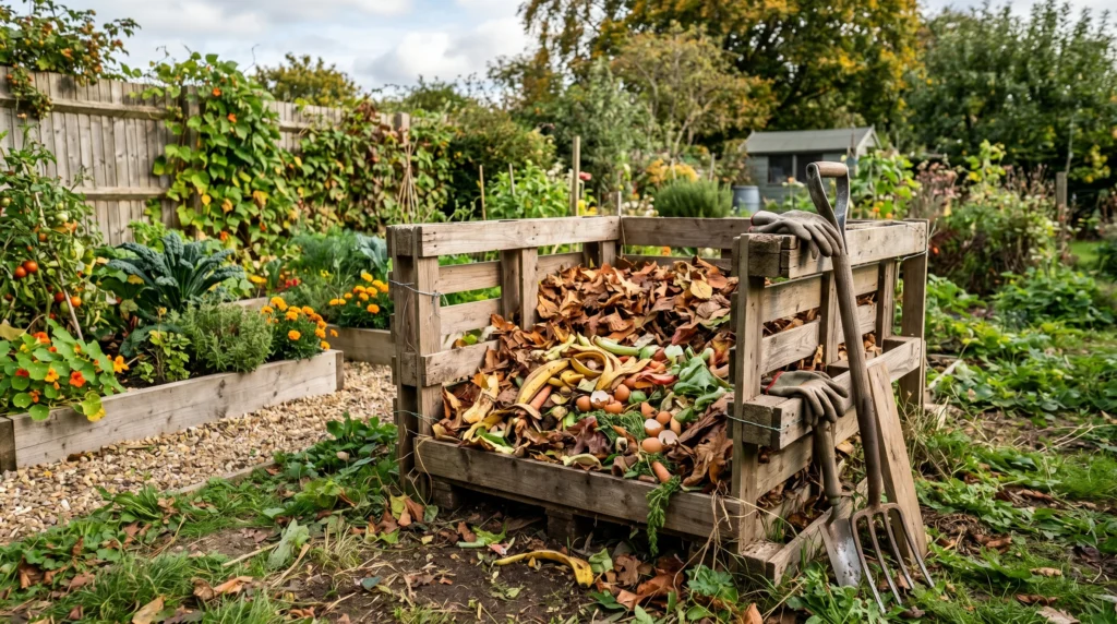 DIY wooden pallet compost bin in a backyard garden