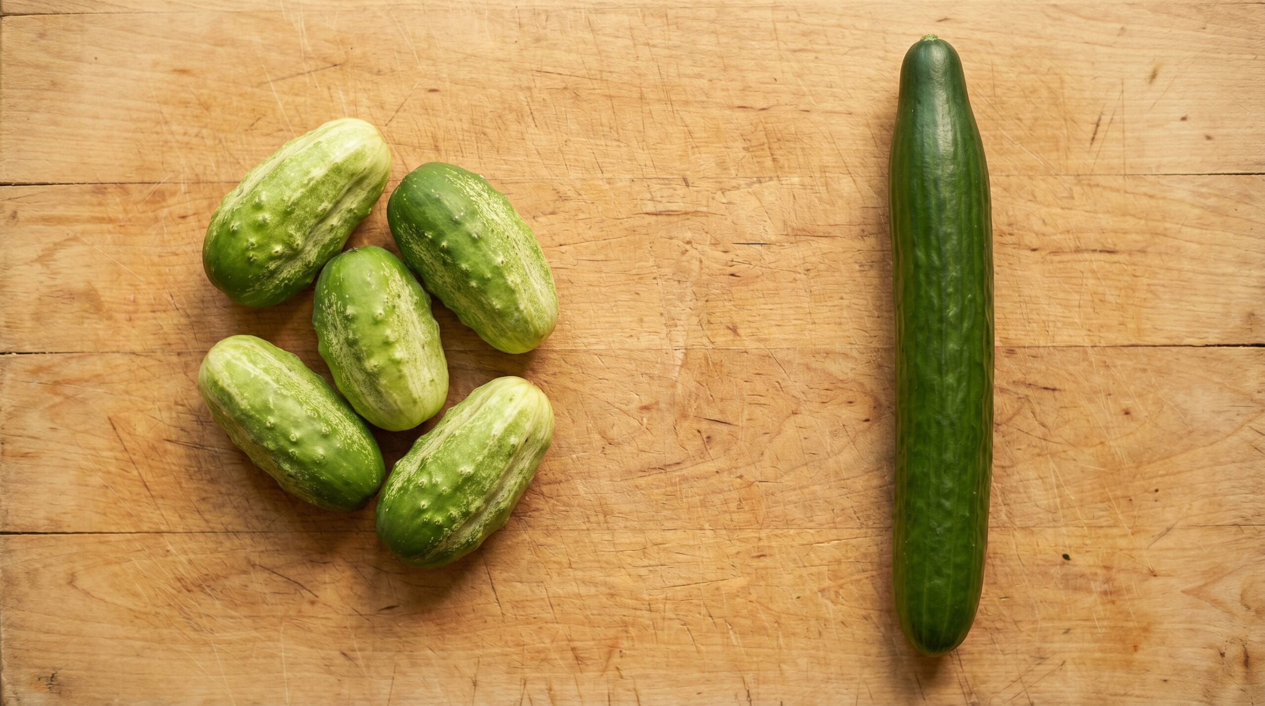 Small bumpy Kirby pickling cucumbers beside a long smooth English cucumber on a wooden surface