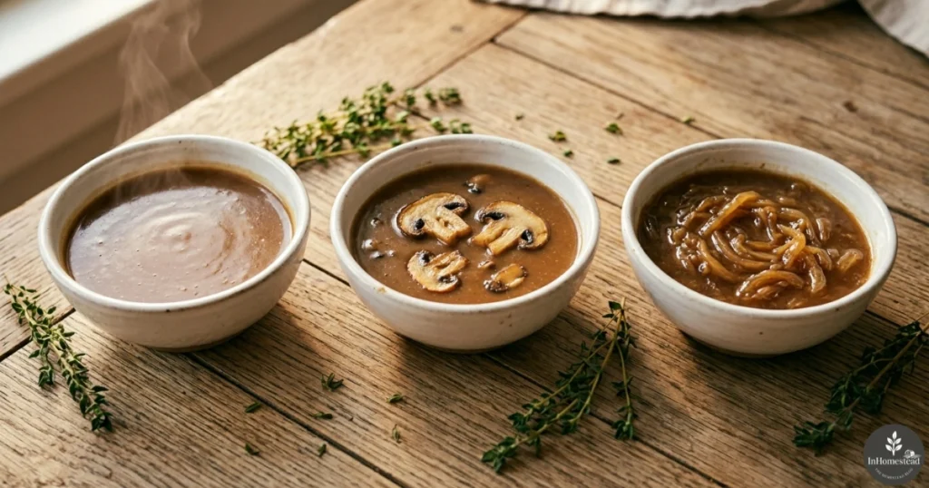 Three small white bowls arranged in a row on a wooden surface, each containing a different style of brown gravy
