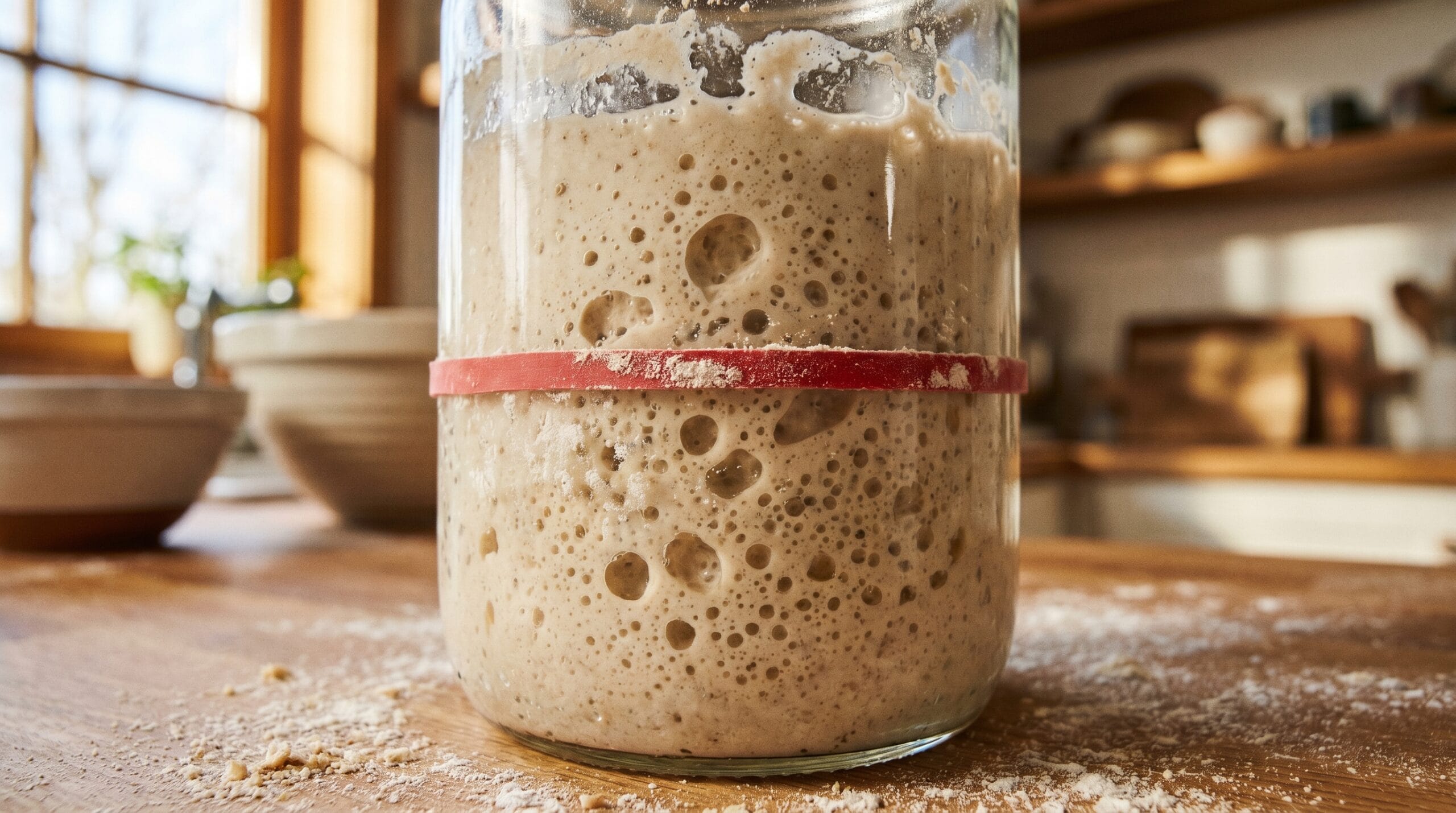 Active sourdough starter in a glass jar