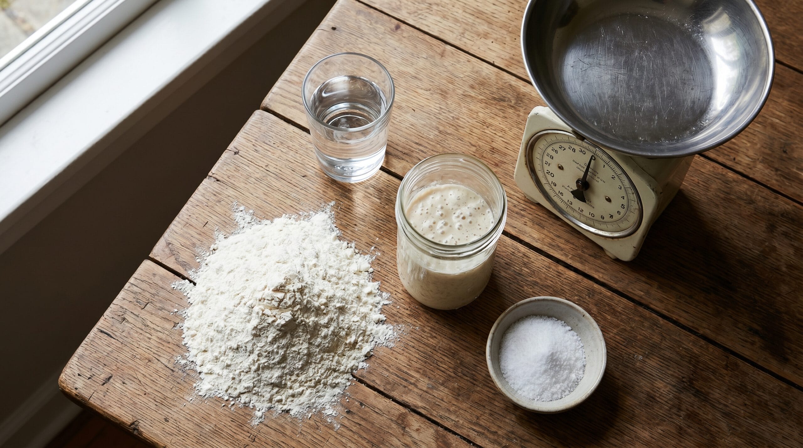 Basic sourdough bread ingredients on a kitchen table