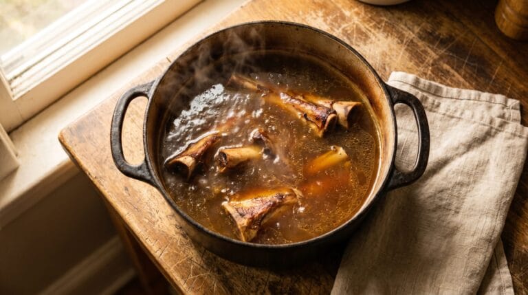 Dutch oven filled with dark amber beef broth and roasted bones, steam rising in soft window light