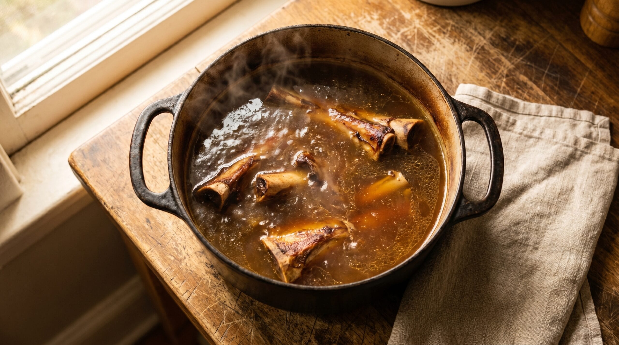 Dutch oven filled with dark amber beef broth and roasted bones, steam rising in soft window light
