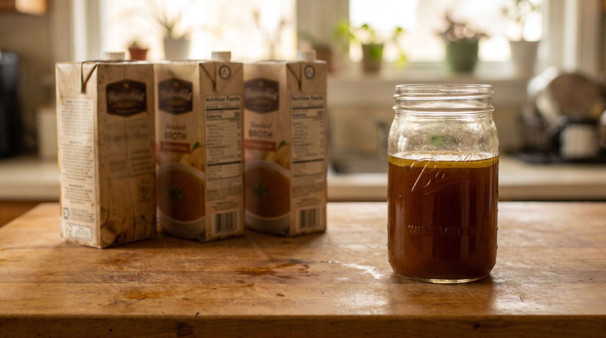 Three store-bought broth cartons lined up beside a quart mason jar of dark homemade beef broth on a wood counter
