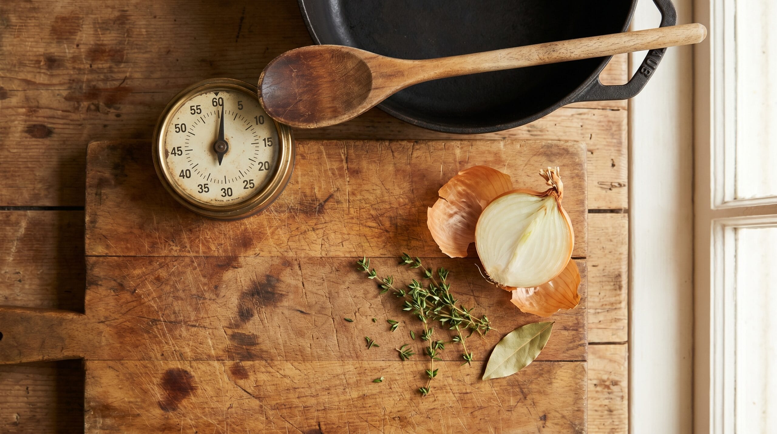 Flat lay of a mechanical kitchen timer, wooden spoon on a pot edge, and a half-peeled onion on a cutting board