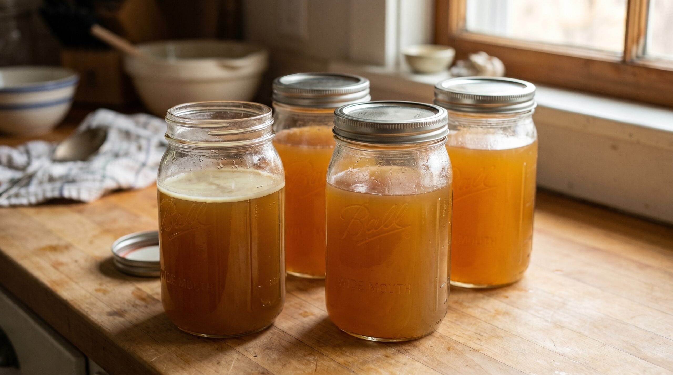 Four wide-mouth mason jars of golden beef broth cooling on a counter, one showing a layer of fat on top