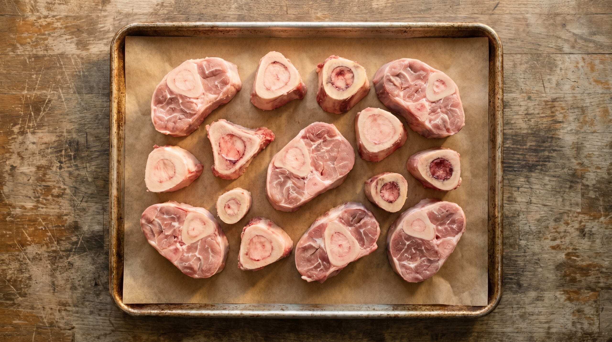 Raw beef knuckle and marrow bones arranged on a parchment-lined baking sheet before roasting