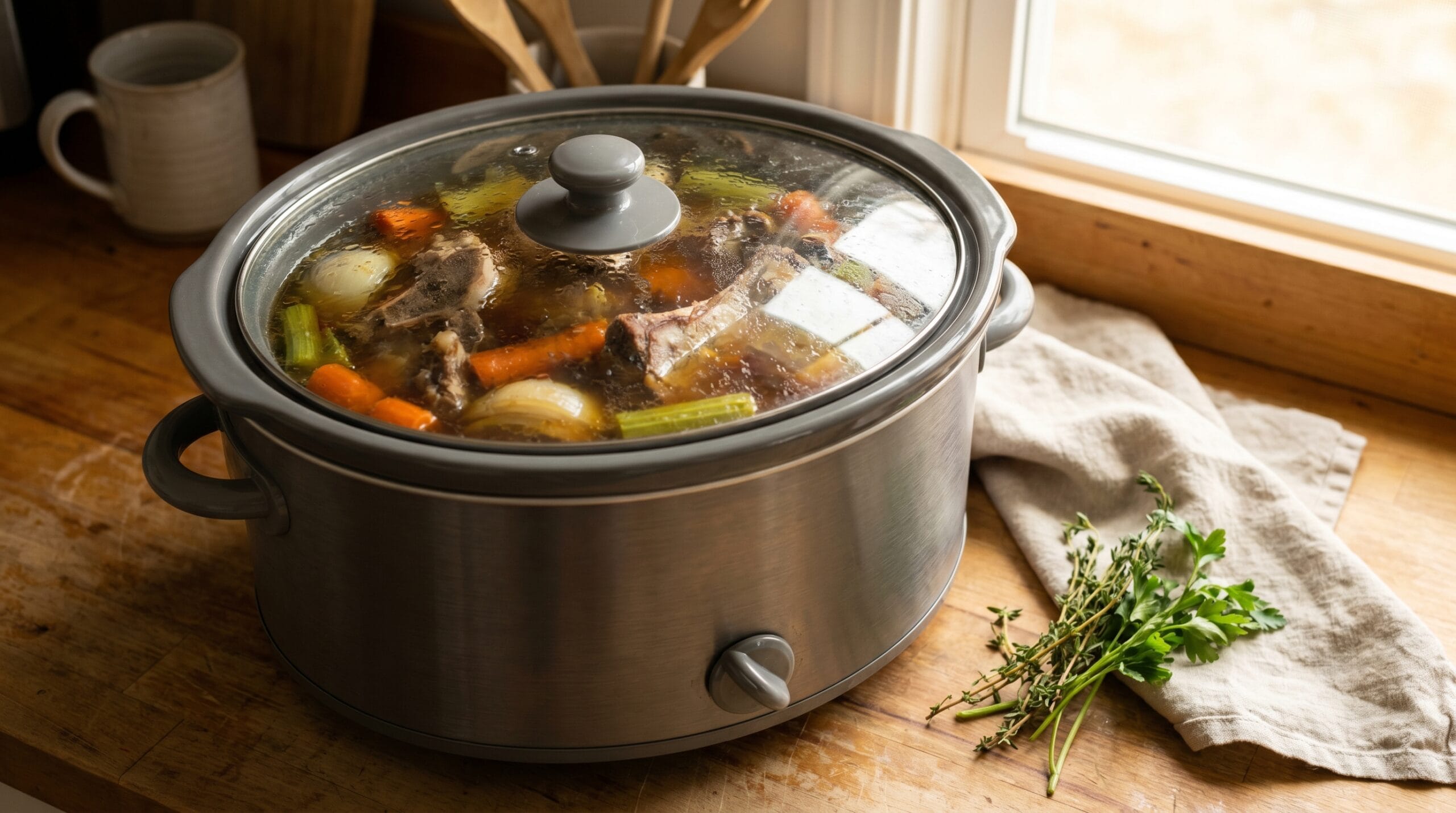 Oval slow cooker filled with beef bones and vegetables in amber broth, lid on, in a rustic kitchen