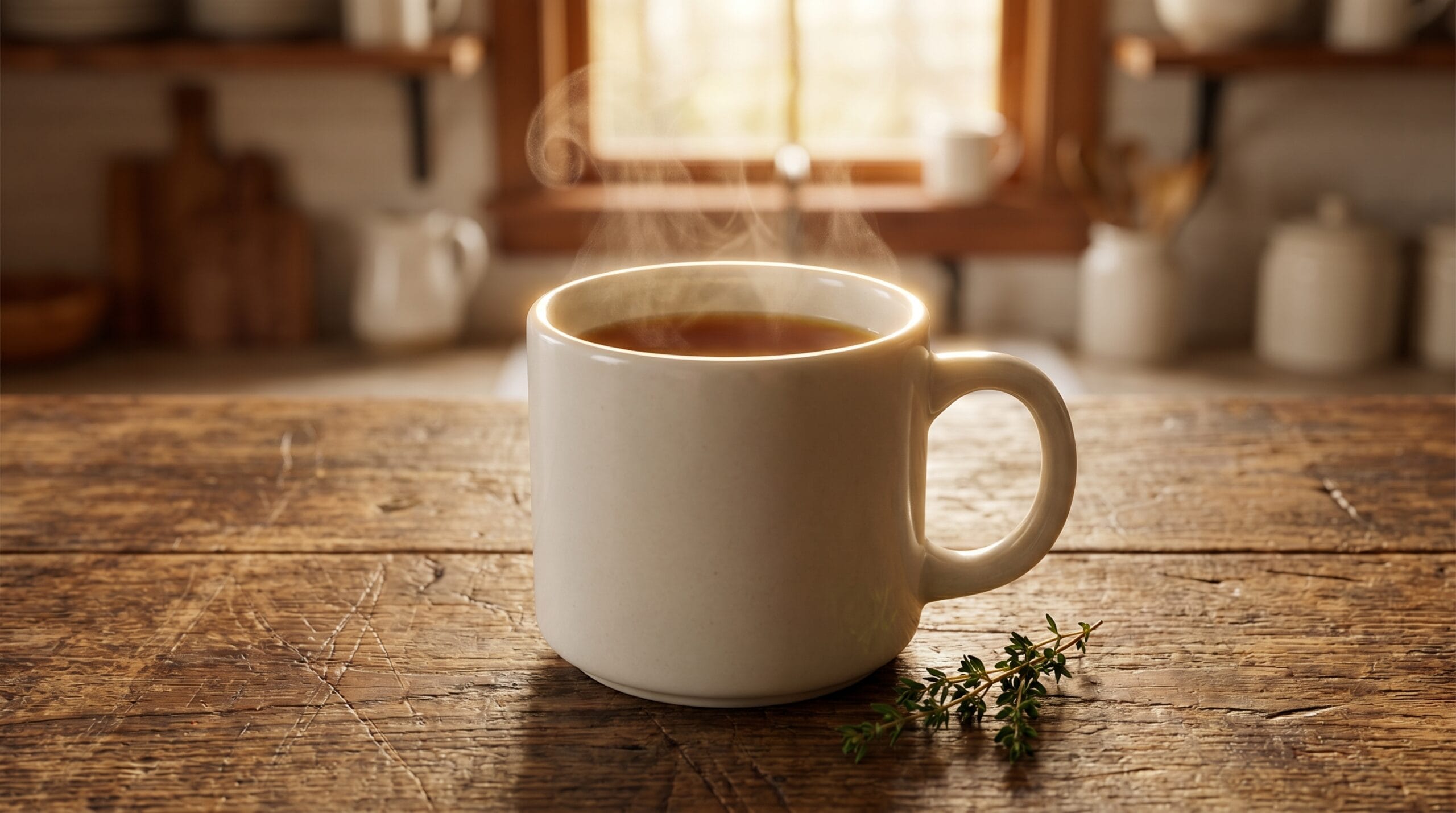 A simple white ceramic mug filled with steaming amber beef broth on a wooden surface in warm natural light