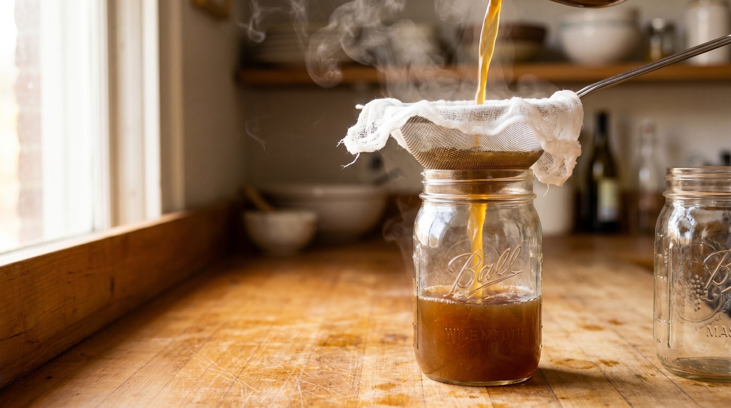 Golden-brown beef broth being strained through cheesecloth-lined mesh strainer into a wide-mouth mason jar with steam rising