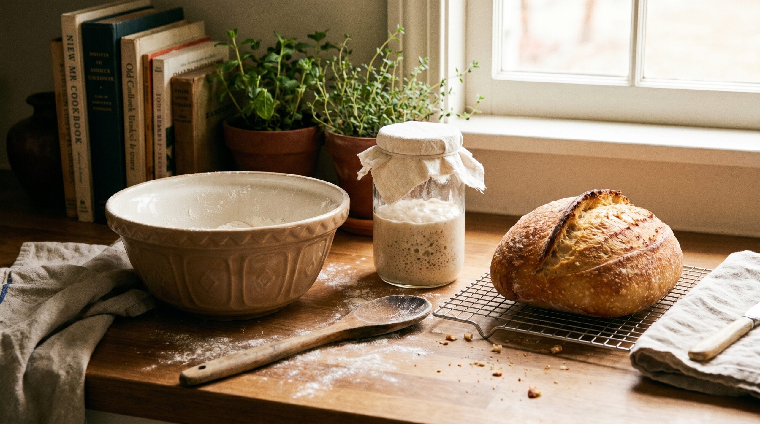 Beginner sourdough bread baking setup at home