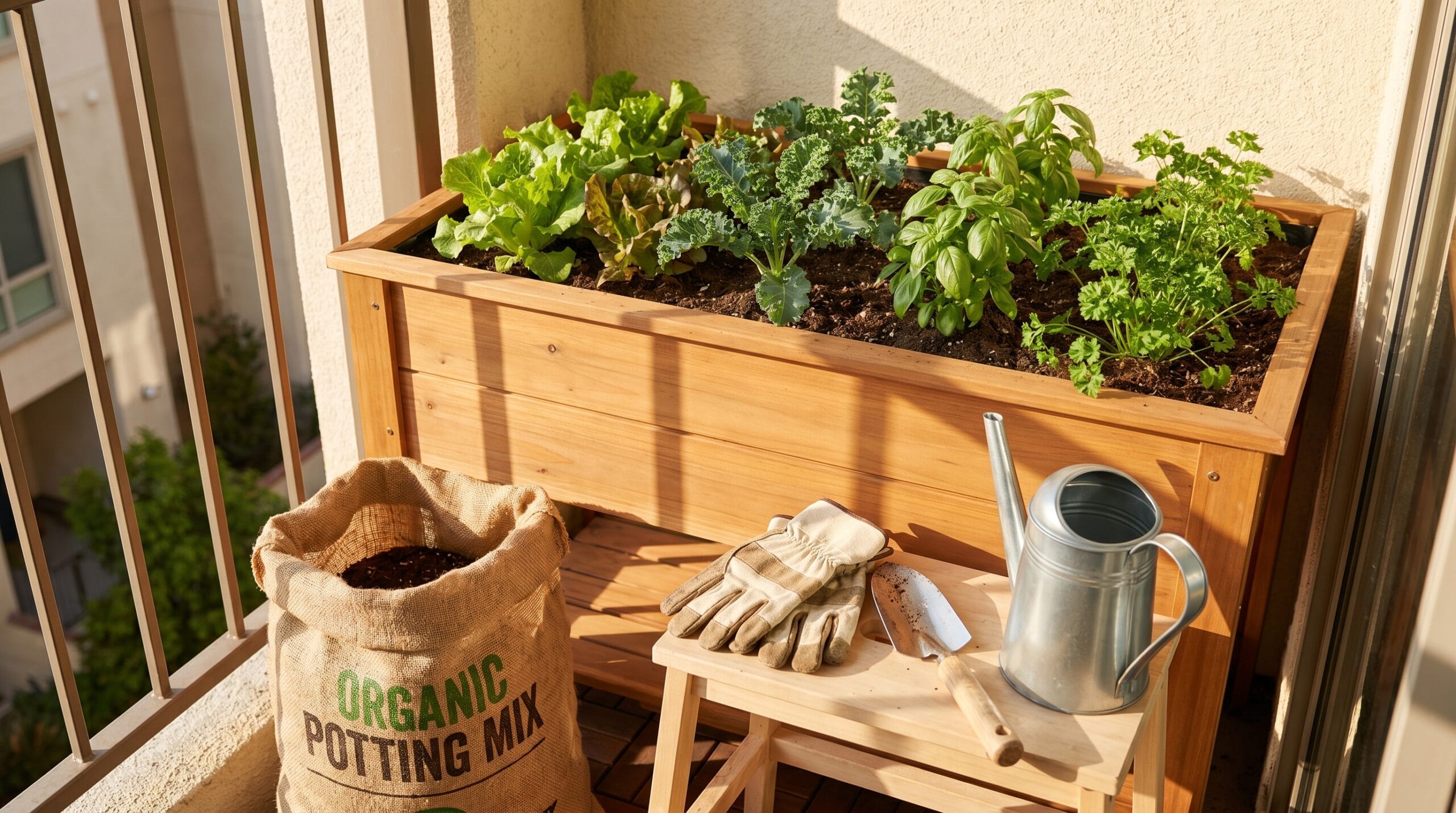 Beginner vegetable planter setup with tools and seedlings