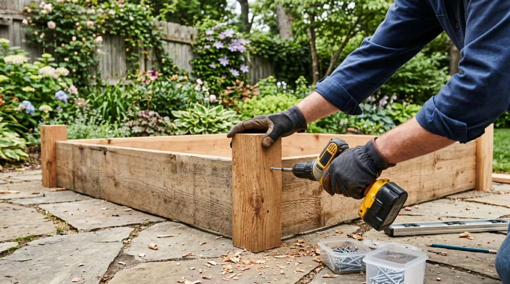 Assembling a cedar raised garden bed frame with screws and a cordless drill