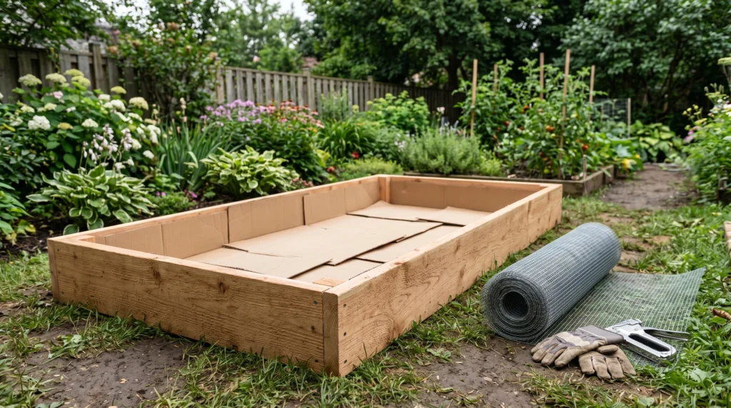 Cardboard and hardware cloth prepared under an empty raised garden bed frame