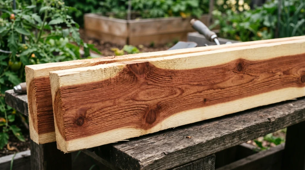 Close-up of cedar lumber showing wood grain for a raised garden bed build