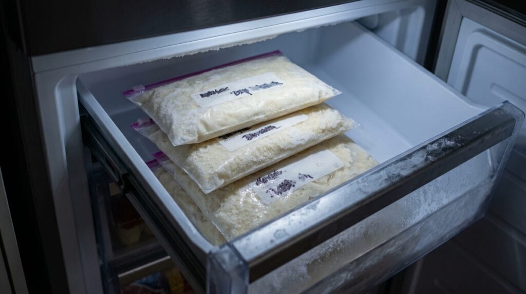 Frozen zip-lock bags of homemade cream of chicken substitute stacked in an open freezer drawer