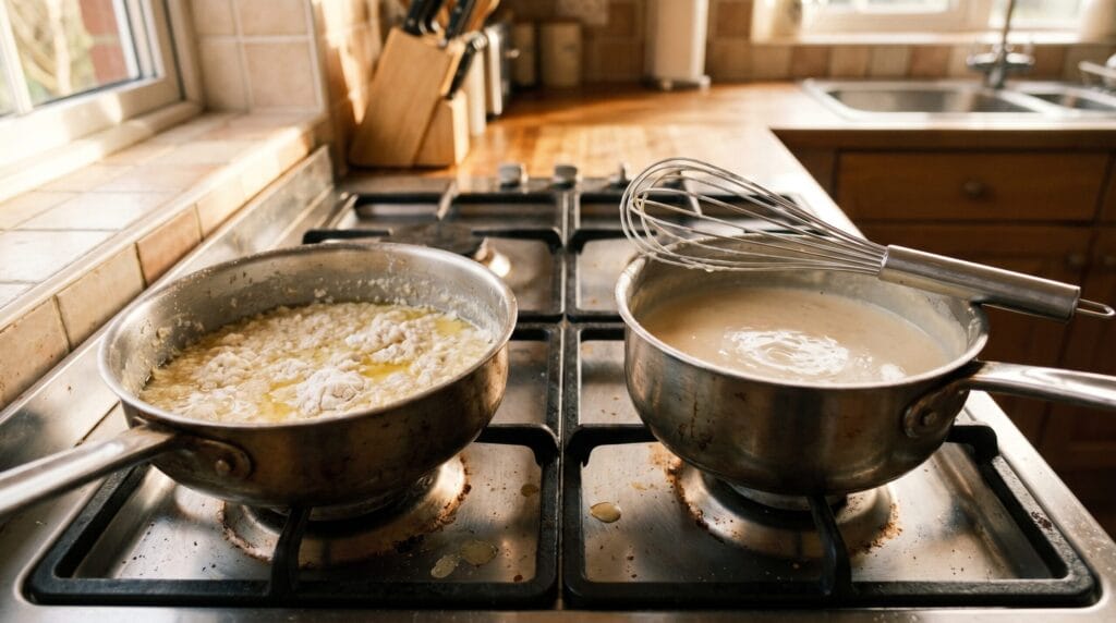 Two saucepans side by side showing lumpy broken sauce versus smooth finished cream sauce