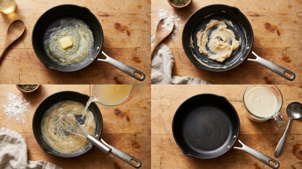 Flat lay showing four stages of making cream of chicken substitute from roux to finished sauce