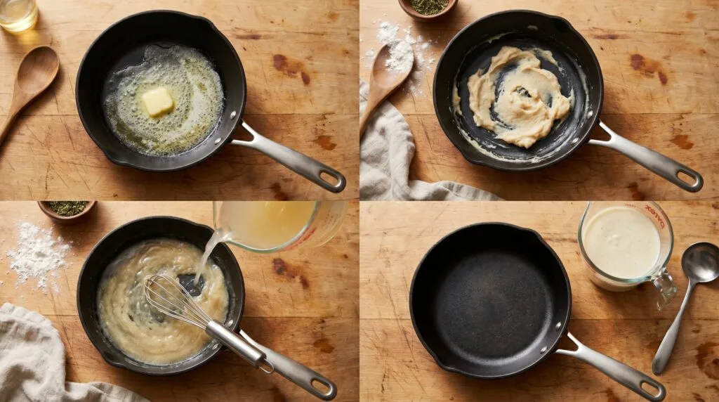 Flat lay showing four stages of making cream of chicken substitute from roux to finished sauce