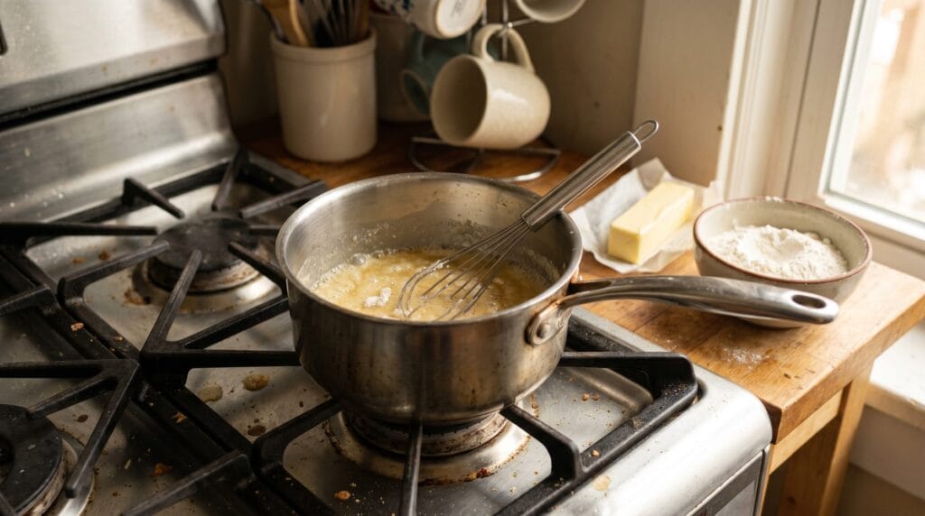 Small saucepan with a butter and flour roux being whisked on a home gas stovetop