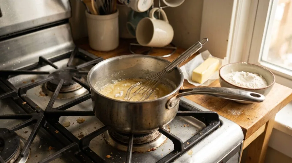 Small saucepan with a butter and flour roux being whisked on a home gas stovetop