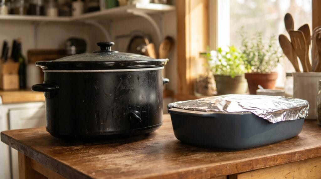 A slow cooker and a covered ceramic baking dish side by side on a kitchen counter
