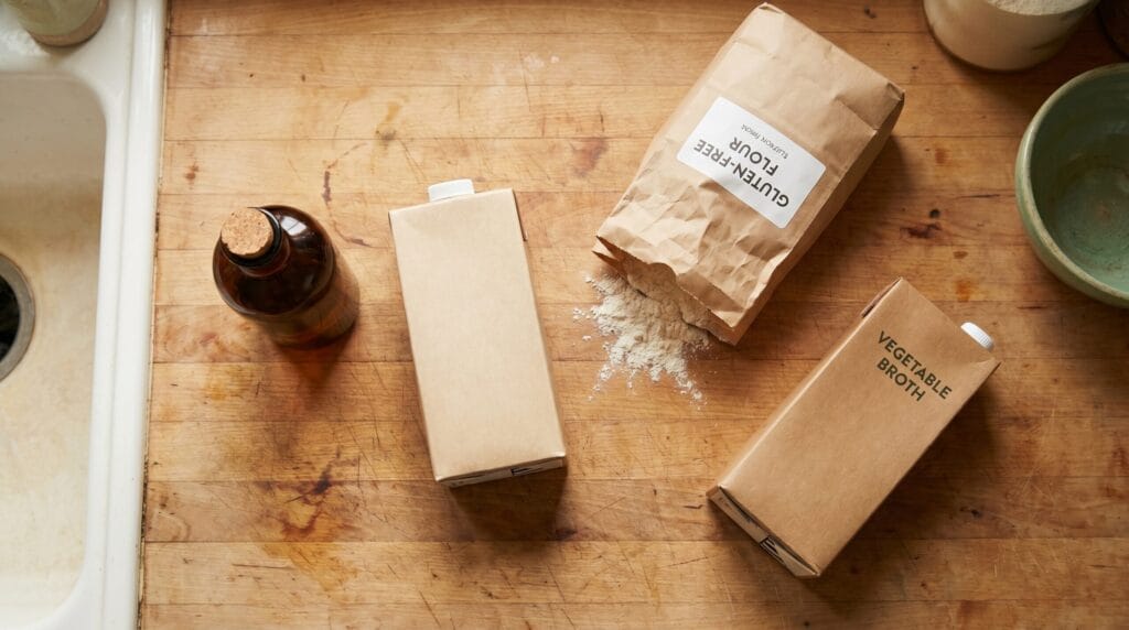 Overhead view of dairy-free and gluten-free substitute ingredients arranged on a kitchen counter