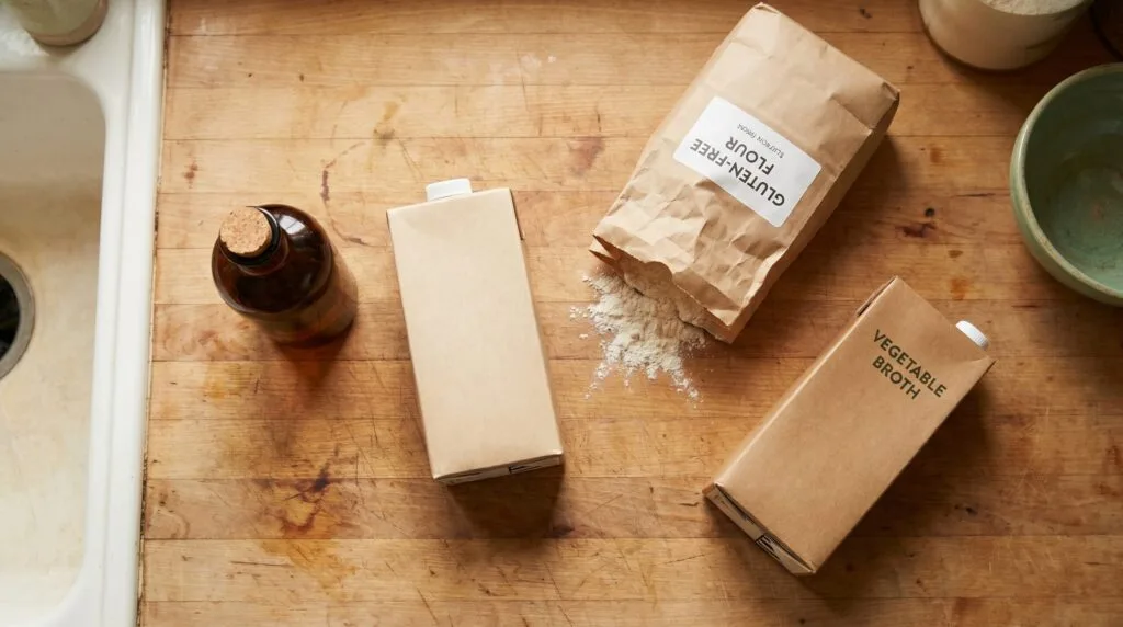 Overhead view of dairy-free and gluten-free substitute ingredients arranged on a kitchen counter