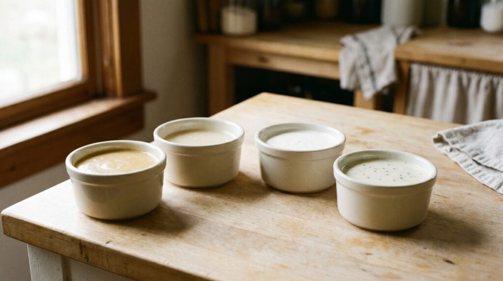 Four small ceramic ramekins each holding a slightly different cream soup substitute variation on a wood surface