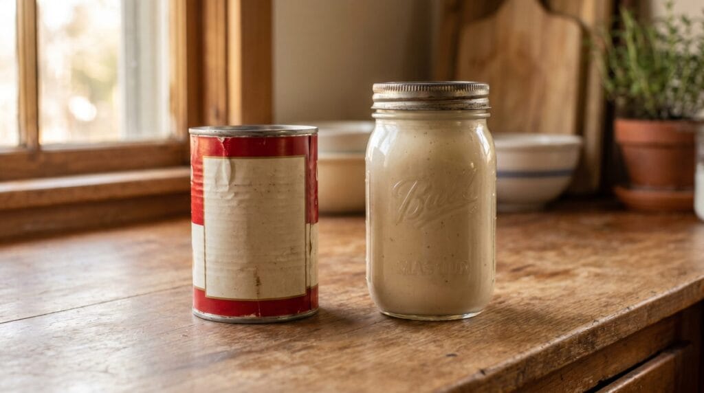 A can of cream of chicken soup beside a glass jar of homemade substitute on a kitchen counter