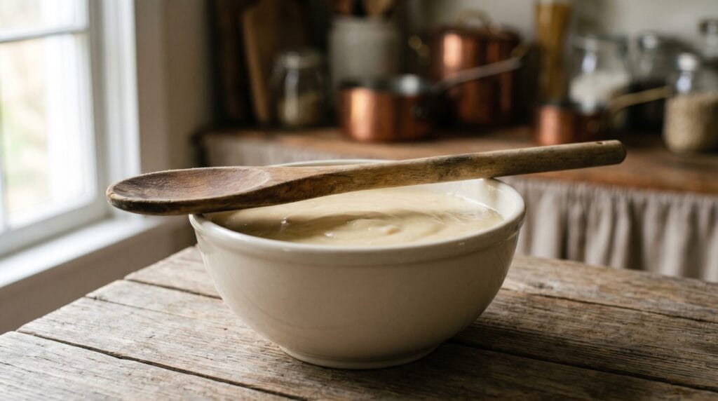 Wooden spoon resting in a ceramic bowl of thick creamy chicken sauce in a warm kitchen