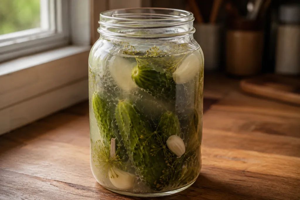 Mason jar of fermenting dill pickles with cloudy brine and small bubbles visible on the cucumbers