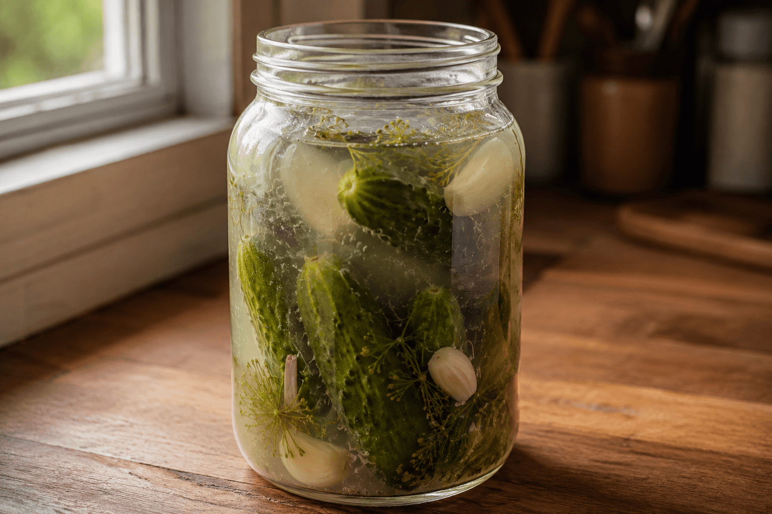 Mason jar of fermenting dill pickles with cloudy brine and small bubbles visible on the cucumbers